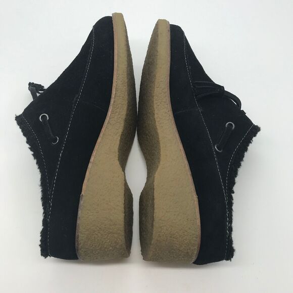 Lands' End Black Suede Faux Fur Lined Clogs Women 7.5 Tasseled Crepe Wedge Shoe - Picture 7 of 10